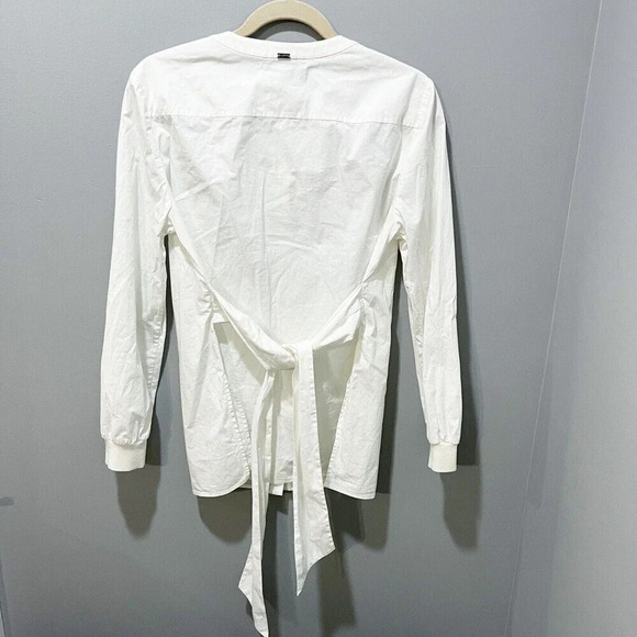 St. John Women's Ivory White Button Up Blouse Sz 10 Tie Metallic Detail Cuffs - Picture 11 of 12